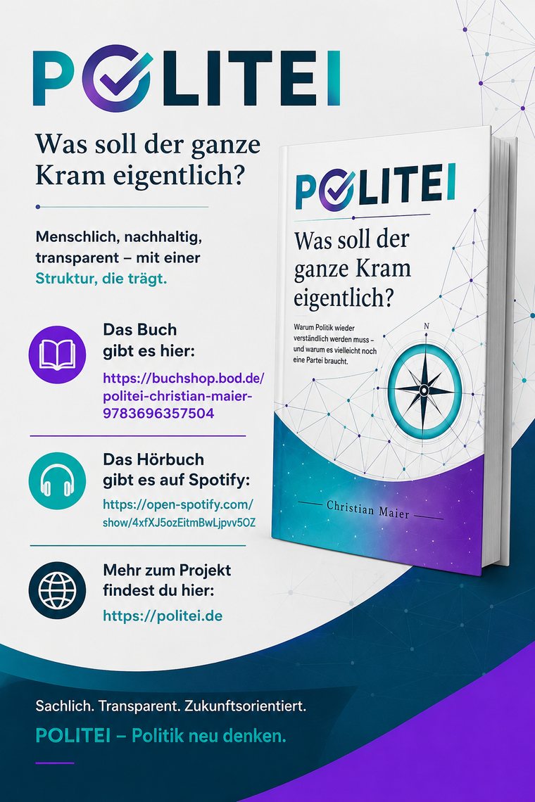 Politei – Was soll der ganze Kram eigentlich? Buchcover von Christian Maier mit Links zu Buch, Hörbuch und politei.de
